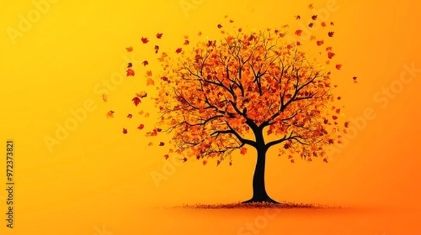 Fototapeta A single tree with orange leaves in a simple yellow background.