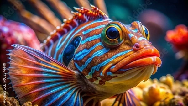Fototapeta A fascinating fringehead fish with a distinctive fleshy forehead flap swims near coral reef, its vibrant orange and