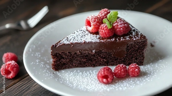Fototapeta A delicious slice of chocolate cake with raspberries and powdered sugar on top. The cake is sitting on a white plate and looks very tempting.