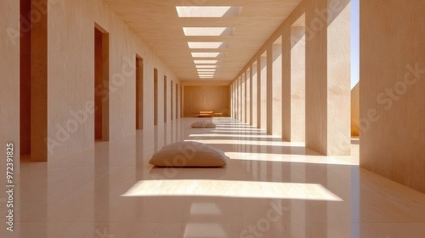 Fototapeta A long hallway with a lot of windows and some pillows, AI