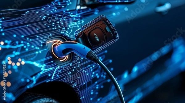 Fototapeta Close-up of electric vehicle charging in futuristic urban environment solar-powered infrastructure efficient transportation smart city planning