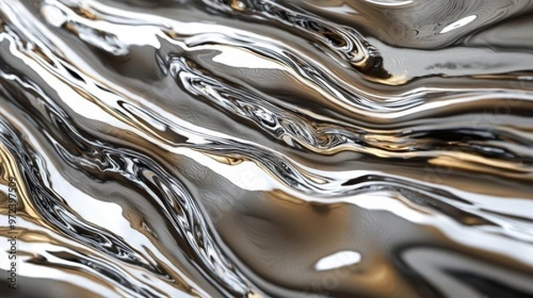 Fototapeta A flowing river of liquid metal in silver and gold tones, reflecting light and creating an otherworldly abstract effect. Background