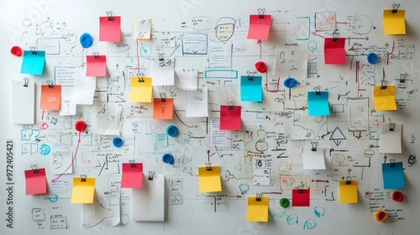 Fototapeta A creative business brainstorming session with sticky notes and mind maps on a whiteboard