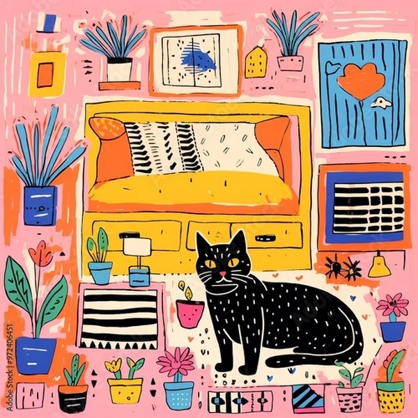 Fototapeta Poster depicting a bedroom with cat on the bed.