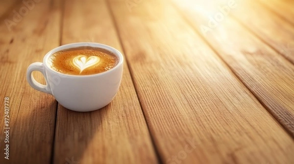 Fototapeta A cup of coffee with a heart drawn on top sitting in front of wood table, AI