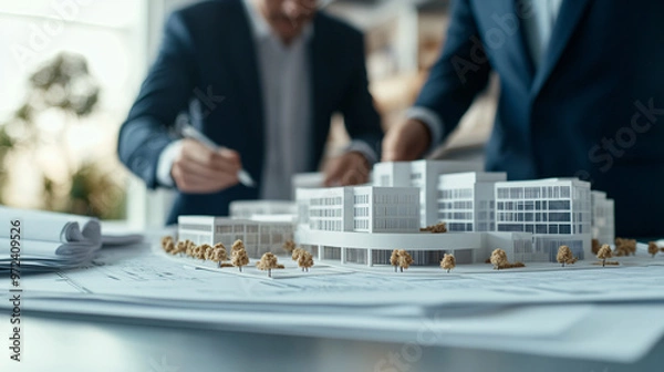 Fototapeta Two architects are discussing over architectural plans, with a scale model of a building complex