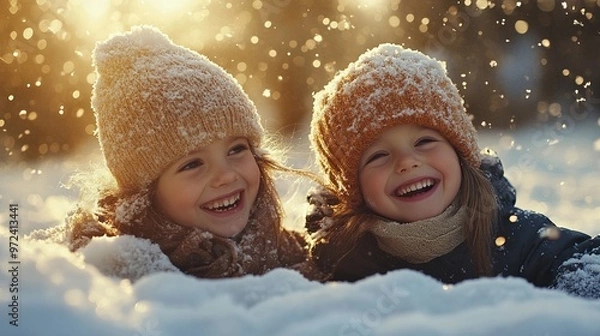 Fototapeta Siblings sharing a joyful moment as they play in the snow, their laughter echoing through the winter landscape. 4K hyperrealistic photo.