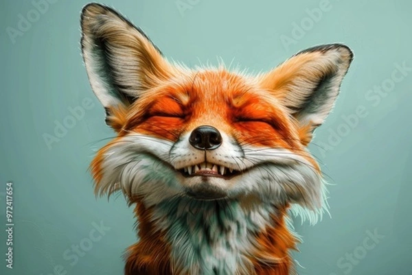 Fototapeta Close-Up of a Smiling Fox with Closed Eyes Against Neutral Background