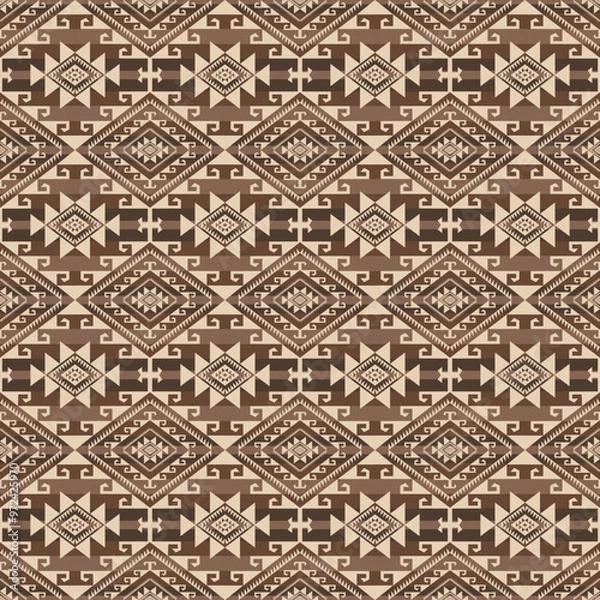 Fototapeta Vintage brown aztec kilim geometric pattern. Vector aztec southwestern geometric shape seamless pattern. Ethnic geometric pattern use for fabric, textile, home decoration elements, upholstery, etc.