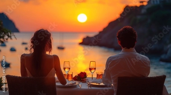 Obraz Romantic sunset dinner for two by the beach.