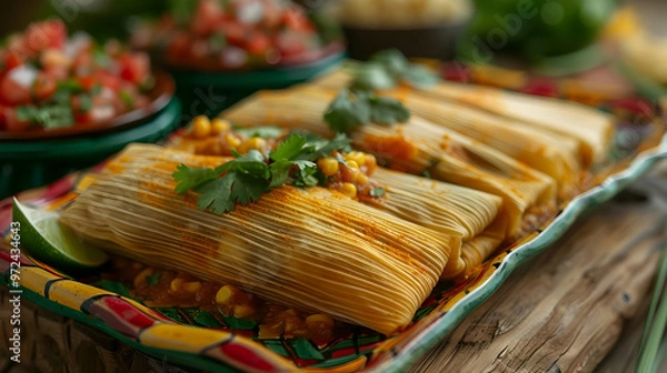 Obraz Delicious Corn Husk Tamales with Cilantro Garnish on a Colorful Plate - Food Photography