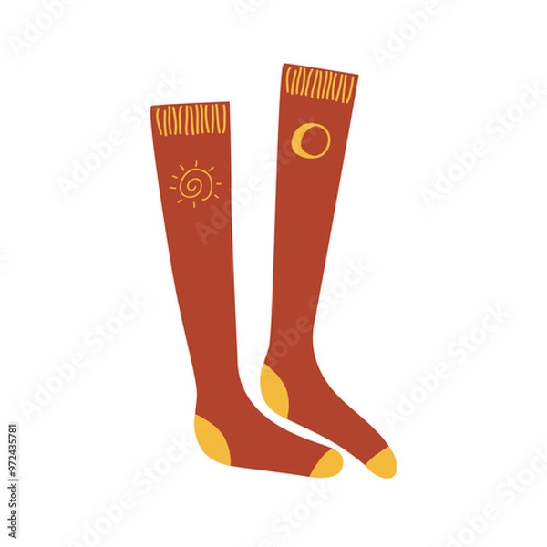 Fototapeta Pair of high vintage socks. with sun and moon symbols Vector illustration isolated on a white background.