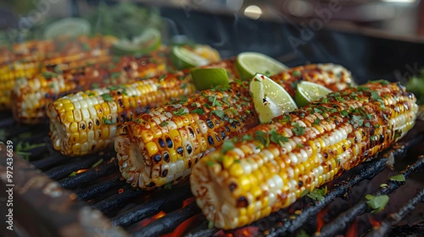 Obraz Grilled Corn on the Cob with Lime and Cilantro - Food Photography