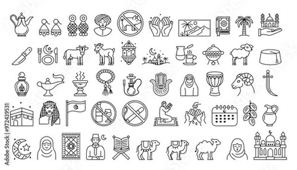 Fototapeta A set of Islamic culture icons in a linear style, featuring various cultural and religious symbols on a white background. Vector illustration