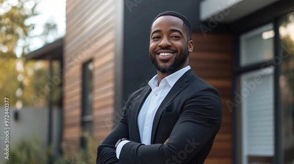 Obraz Confident real estate agent in suit and tie smiles in front of modern house, showcasing success and happiness in suburban neighborhood
