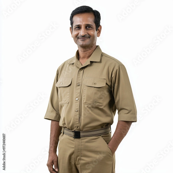 Obraz indian bus driver wearing khaki shirt and pant 8k resolution on isolated white background