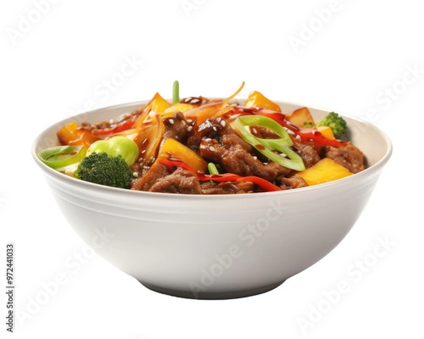 Obraz Tender beef stir-fried with vibrant vegetables like bell peppers, broccoli, and onions, garnished with green onions in a white bowl, perfect for a tasty meal.