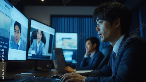 Fototapeta オンラインミーティング・テレカンをするスーツを着たビジネスマン