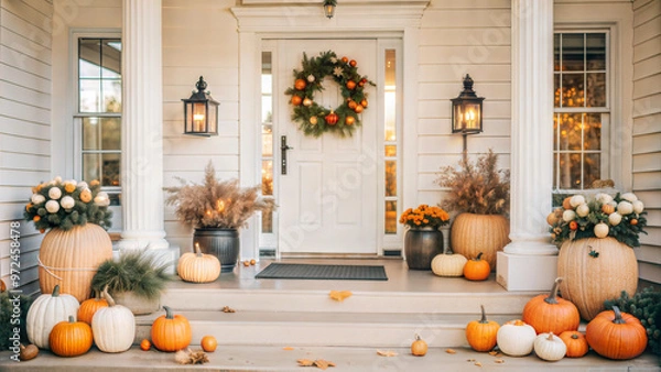 Obraz Beautiful front porch decorated with pumpkins and autumn wreaths for fall