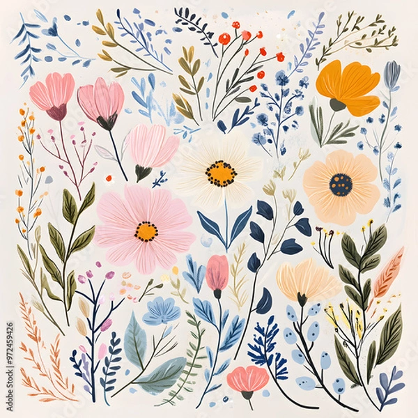 Fototapeta 2D illustrator doodle-style floral and leaf graphics on a white background or wallpaper