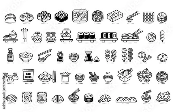 Obraz Set of Asian food icons in line art style. Includes various dishes and utensils on a white background. Concept of Asian cuisine. Vector illustration