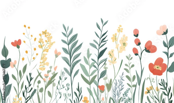 Fototapeta 2D illustrator doodle-style floral and leaf graphics on a white background or wallpaper