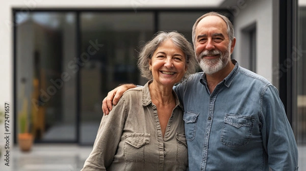 Obraz Senior couple happily posing in front of their contemporary home with arms around each other
