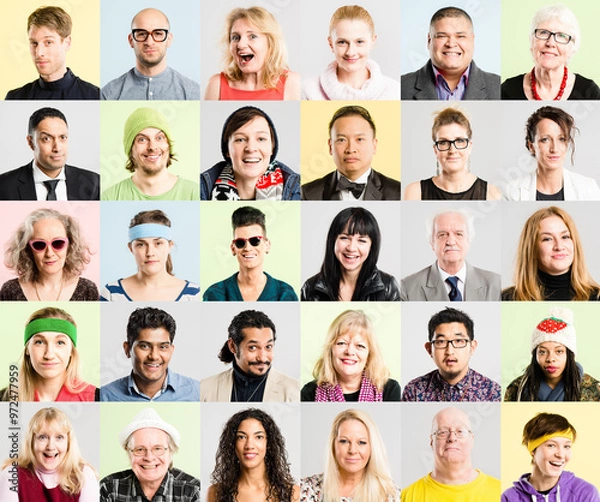 Fototapeta Collage, people and portrait for diversity in fashion, style or creativity in trendy outfit. Group, composite and smile for inclusion, generations or multicultural with happiness on studio background