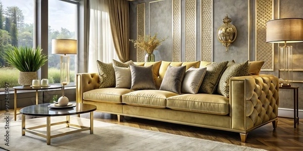 Fototapeta A modern living room boasts a stunning gold-tinted sofa, surrounded by plush throw pillows and a window that