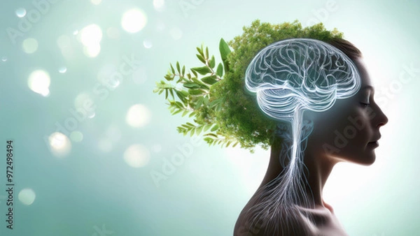 Fototapeta The brain in the form of luminous streams intertwined with natural elements symbolizes the connection between mental and physical health