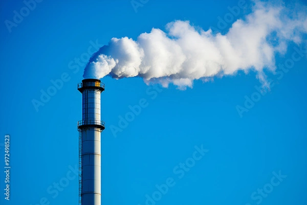Fototapeta A tall industrial smokestack emitting white smoke against a clear blue sky.