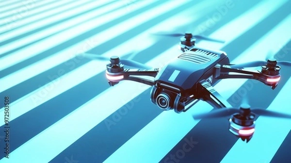 Fototapeta Black drone in mid-flight with blue and white background.
