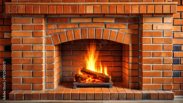 Obraz Red brick fireplace with burning logs, modern cozy fireplace, christmas theme