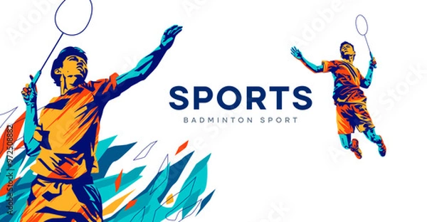 Obraz vector illustration of a badminton athlete with a jumping smash action. colored silhouette style design, grunge. badminton national sports day celebration design concept. national sports day. Not AI