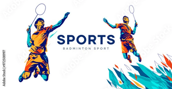 Obraz vector illustration of a badminton athlete with a jumping smash action. colored silhouette style design, grunge. badminton national sports day celebration design concept. national sports day. Not AI
