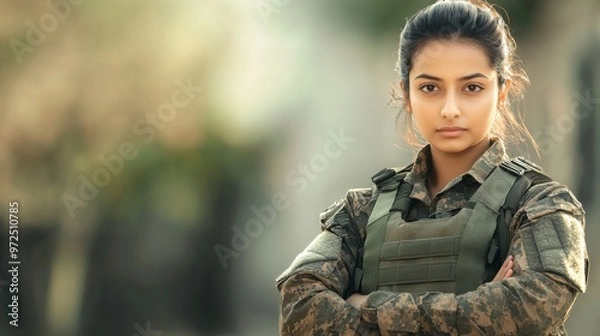 Fototapeta Confident Young Female Soldier of Indian Descent in Military Uniform Looking Determined, Outdoor Scene, Suitable for Defense, Strength, Diversity Themes