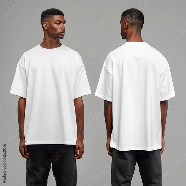 Fototapeta Man white oversized tshirt mockup, both sides. Black man model in short sleeve tshirt mock up. Men's shirt front and back view, basic tshirt, two sides mock