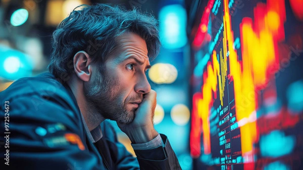 Fototapeta Worried businessman in a suit and tie monitoring declining stock market performance with concern