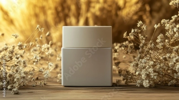 Fototapeta Table and dried flower with blank space cosmetic package cover for product advertisement.