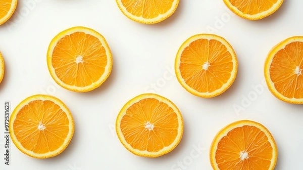 Fototapeta A flat lay of fresh orange slices arranged in a repeating pattern on a white background.