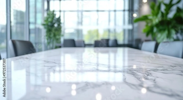 Obraz A sleek marble table in a modern office space with large windows and greenery.