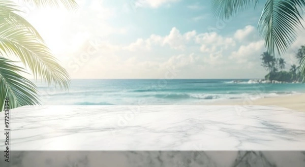 Fototapeta A serene beach scene with a marble surface in the foreground and ocean waves in the background.