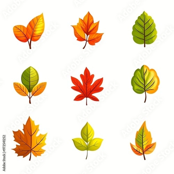 Fototapeta Set of icon autumn leaves on a white background. Vector illustration.