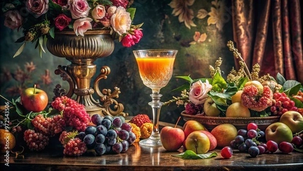 Fototapeta Ornate fruit cocktail with grapes, apples, and floral decorations in a vintage setting