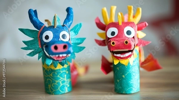 Fototapeta Craft two adorable dragon marionettes from recycled materials for Chinese New Year. These easy DIY toys, made from toilet paper rolls, will delight kids and inspire their creativity.
