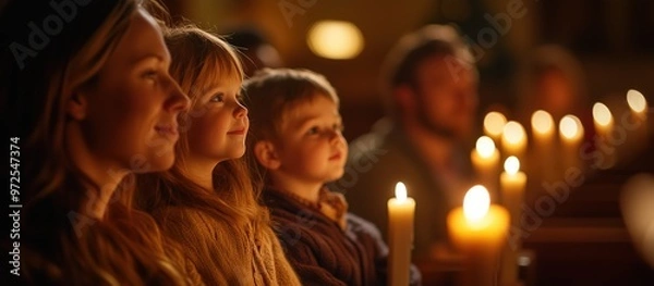 Fototapeta A family attending a Christmas Eve service, illuminated by the warm glow of candlelight in a peaceful church setting.