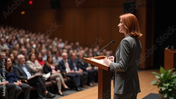 Fototapeta Confident woman in grey suit giving speech on stage