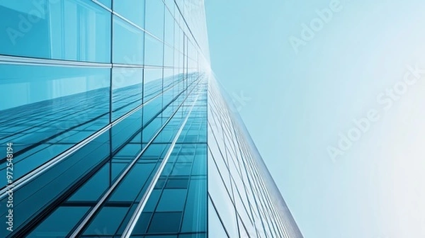 Fototapeta An abstract view of a tall glass building reaching for the sky.