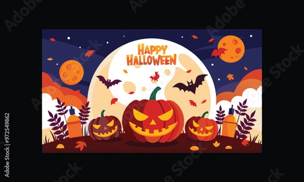 Obraz Vector Halloween Scene with Large Full Moon.