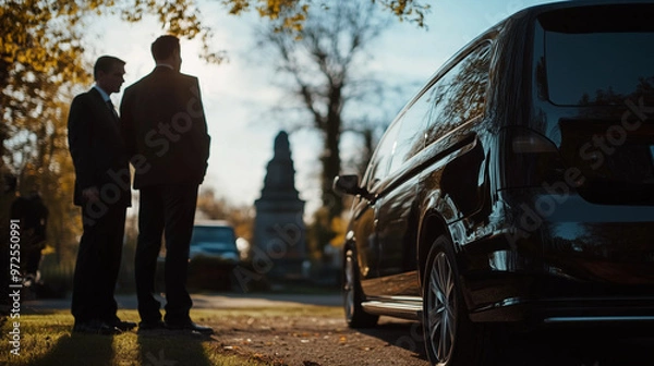 Fototapeta Mourners standing beside a black hearse at a cemetery during a funeral service